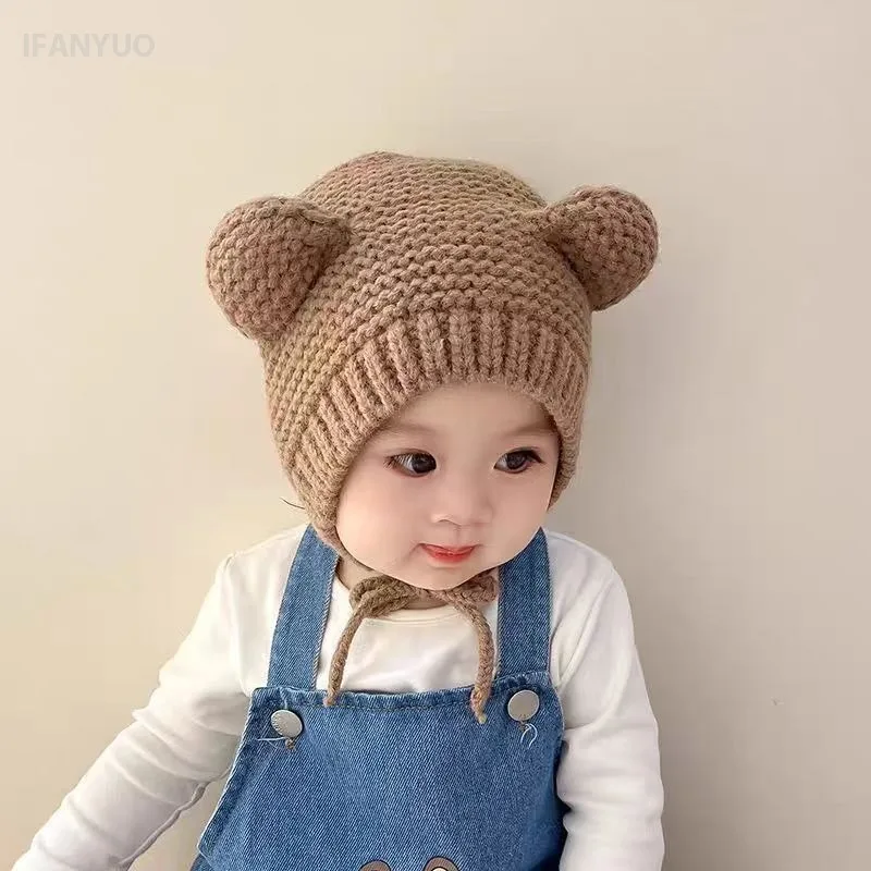 0-2Y Baby Hats Korean Children's Bear Ear Knitted Ear Protect Hat Autumn and Winter New Babies Boys Girls Soft and Warm Hats