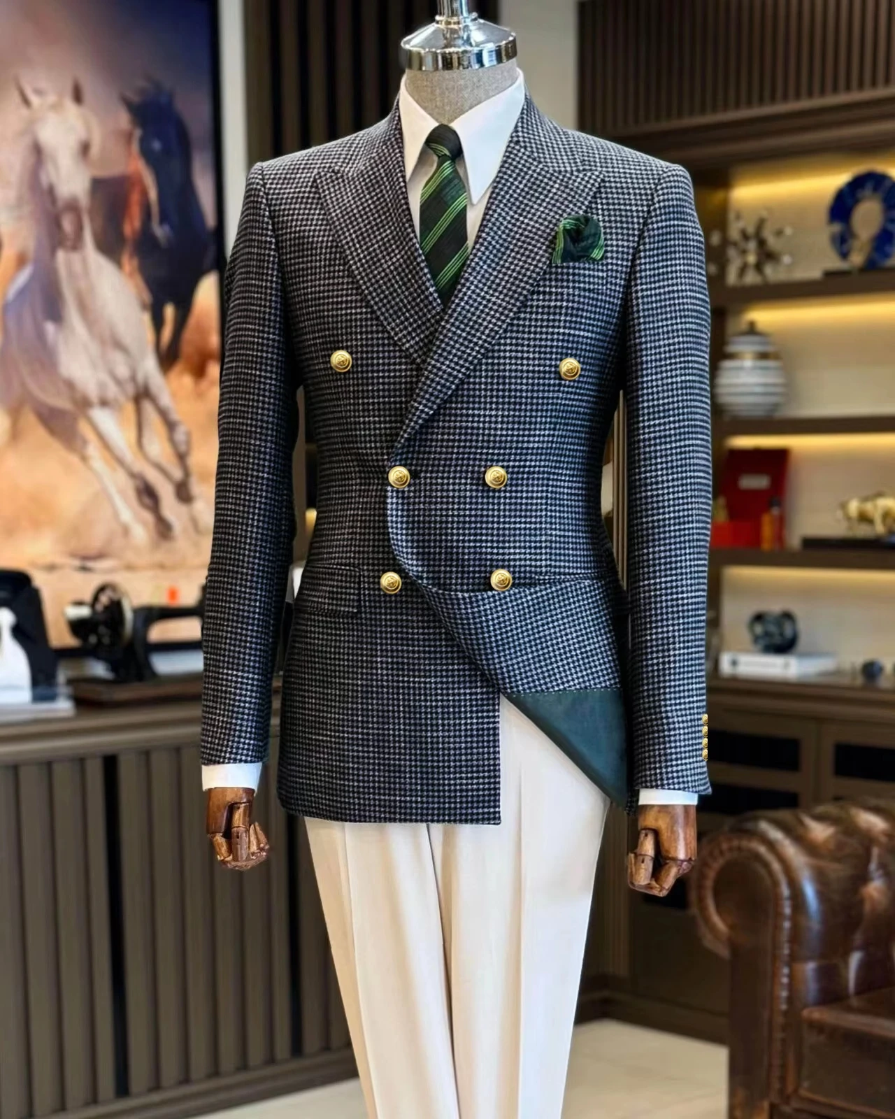 

Men's Blazer Suit Navy Blue Houndstooth Peak Lapel Double Breasted Business Slim fit Grid Man Suits Jacket Formal Party Tuxedos