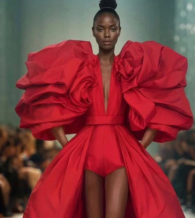 2025 Vestidos de fiesta rojos de una línea Mangas largas Hi-Lo Satén Profundo cuello en V Vestidos de fiesta formales de noche Vestidos de cumpleaños ZJ564