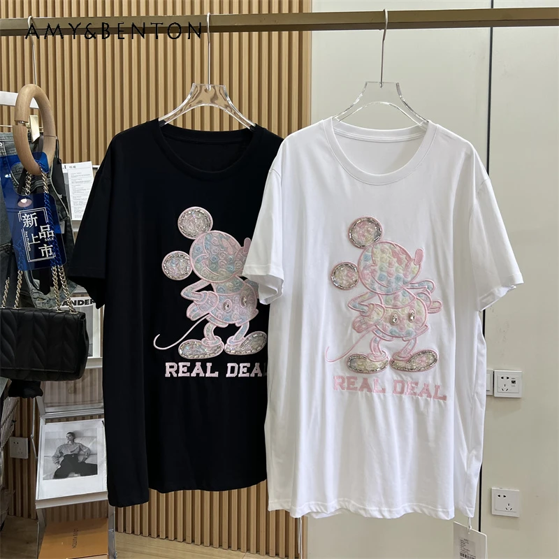 

Potdemiel Cotton Diamond-Embedded Three-Dimensional Flower Cartoon Oversize Loose High-End Women's T-shirt Short Sleeve Pullover