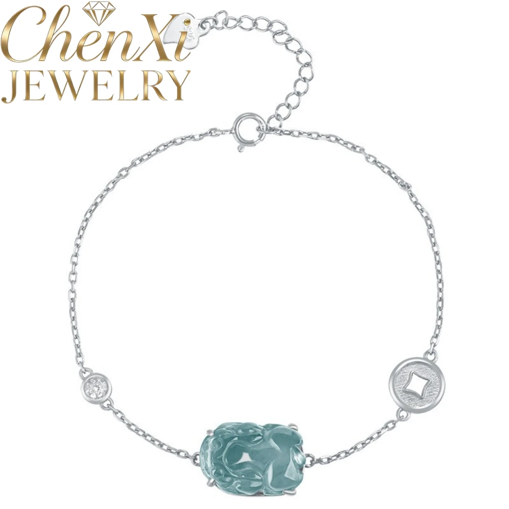 Genuine Natural Myanmar Grade A Icy Blue Water Jadeite Pixiu Bracelet S925 Inlaid Adjustable Fashion Wrist Jewelry Daily Gift