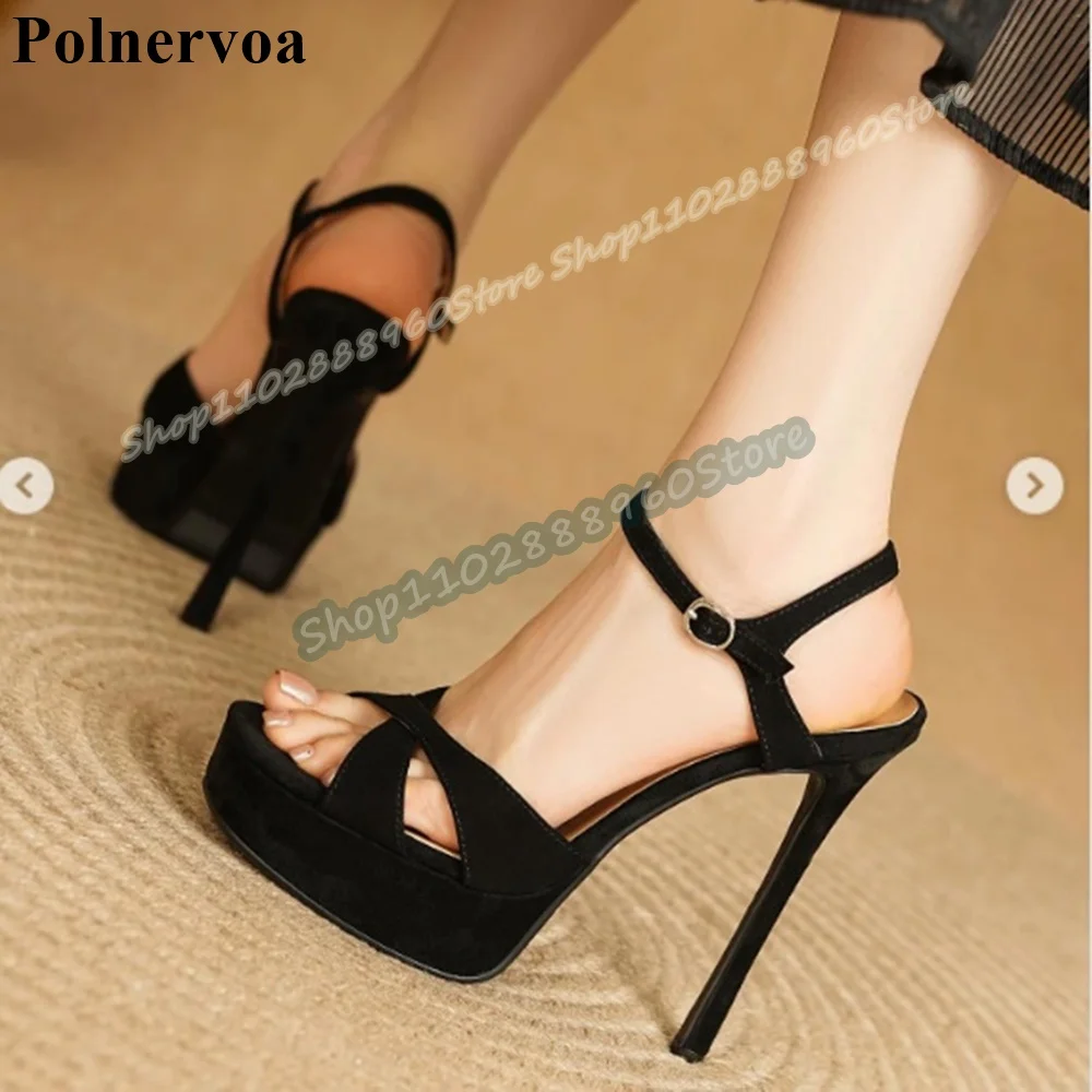 

Black Flock Cross Strap Platform Sandals Stilettos High Heel Shoes For Women Ankle Buckle Strap Open Tos Gorgeous Party Sandals