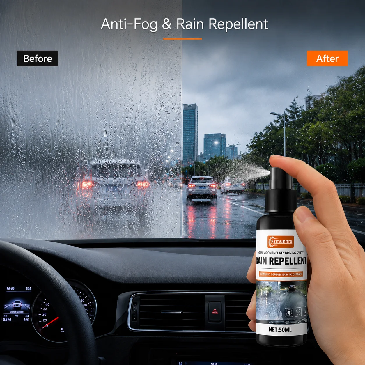 Car Windshield Rain Repellent Spray, Nano Glass Coating, Anti-Rain and Anti-Fog Protection for Auto Glass, Mirrors, Helmets and