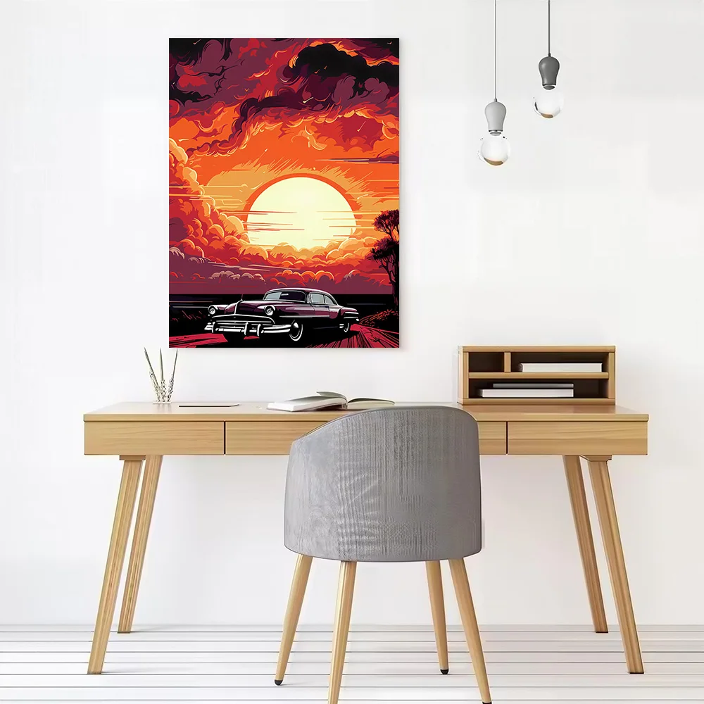 Vintage American Car At Sunset Poster Customizable Printed Canvas Painting for Pictures Wall Art Gaming Room Decoration Home