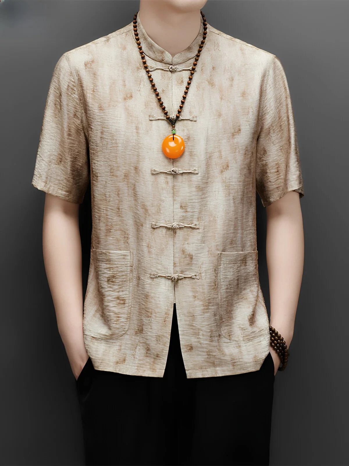 fazeya-short-sleeve-men's-shirt-thin-summer-fashion-retro-chinese-style-dad-clothes-silk-blend-home-wear-striped-pattern
