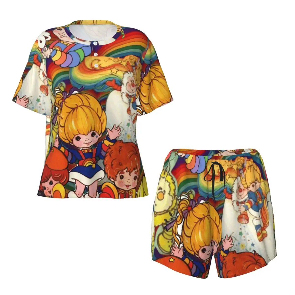 

Ночная рубашка Rainbows Brite с круглым вырезом и короткими рукавами для сна, женский свободный пижамный комплект с короткими штанами