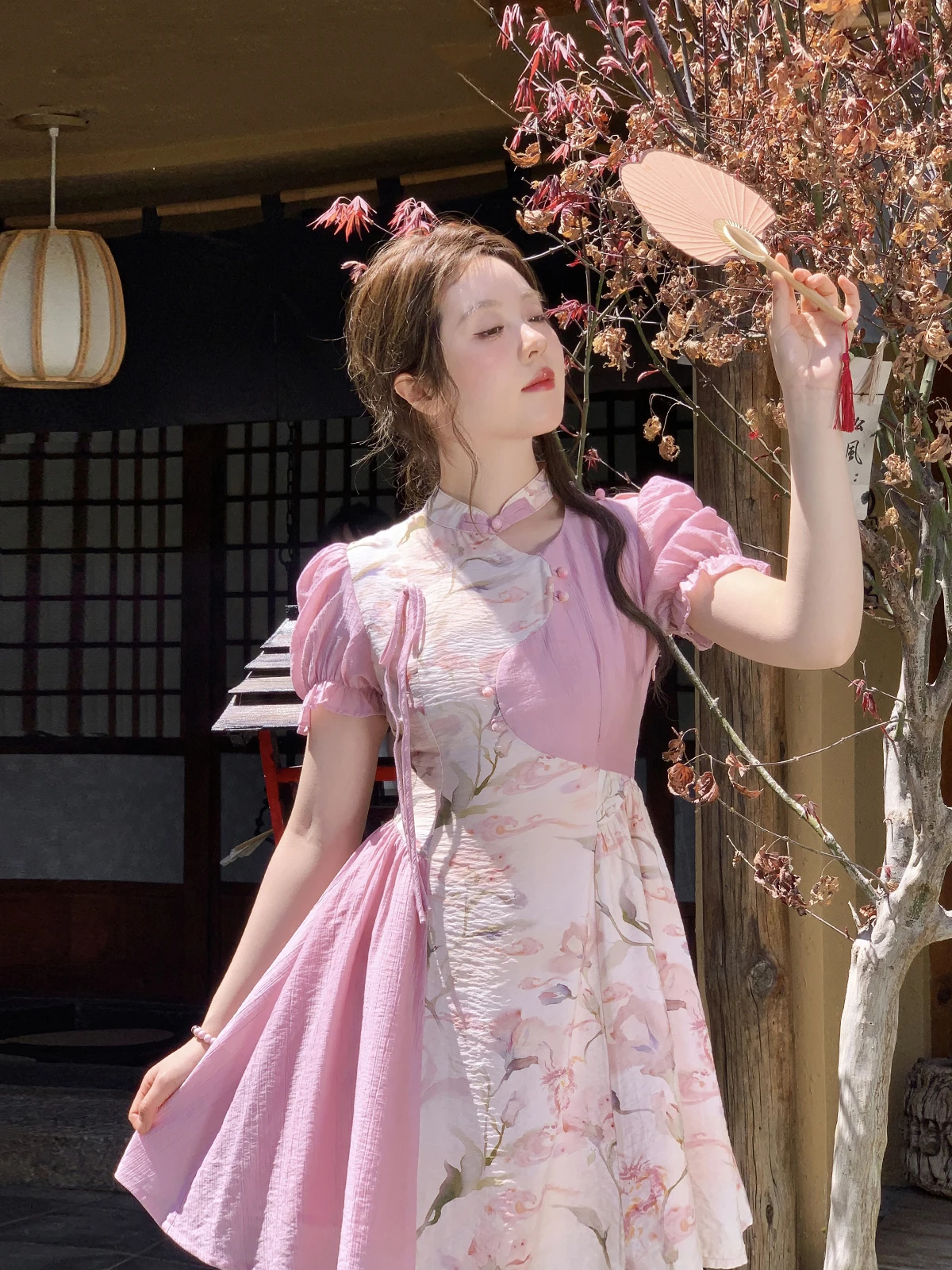 

New Chinese Style plus Size Dress Tailored Knot Hollow out Peony Print Qipao Summer City Commute Cotton Blend