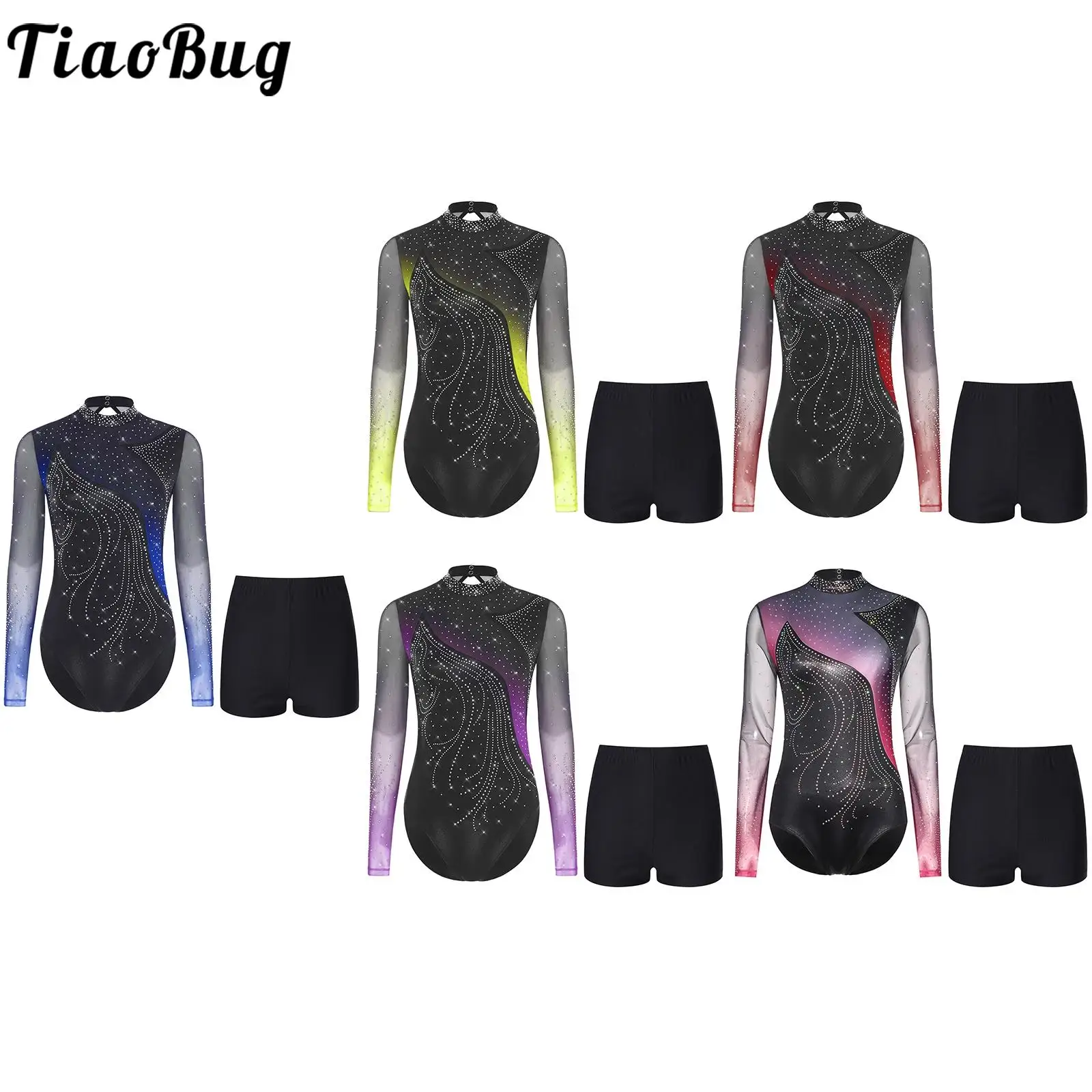 

Women Gymnastics Rhythmic Leotards Performance Costume Outfit Long Sleeve Rhinestones Unitards Ballet Jersey Figure Skating Sets