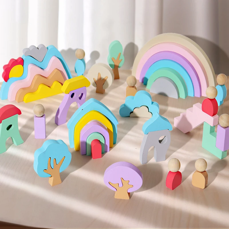 44pcs Rainbow Building Blocks Nordic ไม้ Stacker ของเล่นเด็ก Montessori ซ้อนเกมการรับรู้สีของเล่นเพื่อการศึกษาของขวัญ