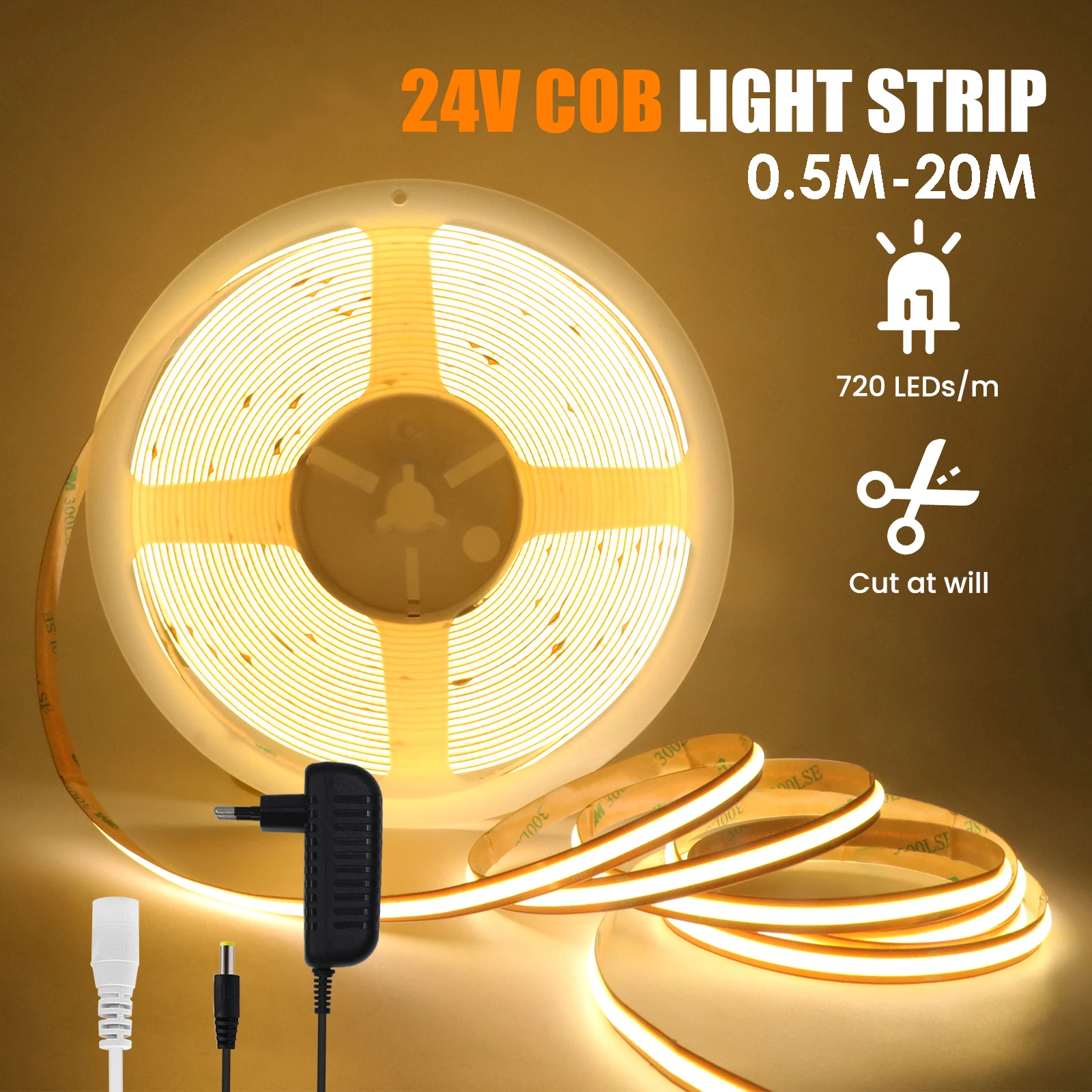 

High Bright COB LED Strip Light DC24V Cut Freely 720LEDs/m Linear Lighting DIY Flexible Tape Warm Natural White With Power Kit