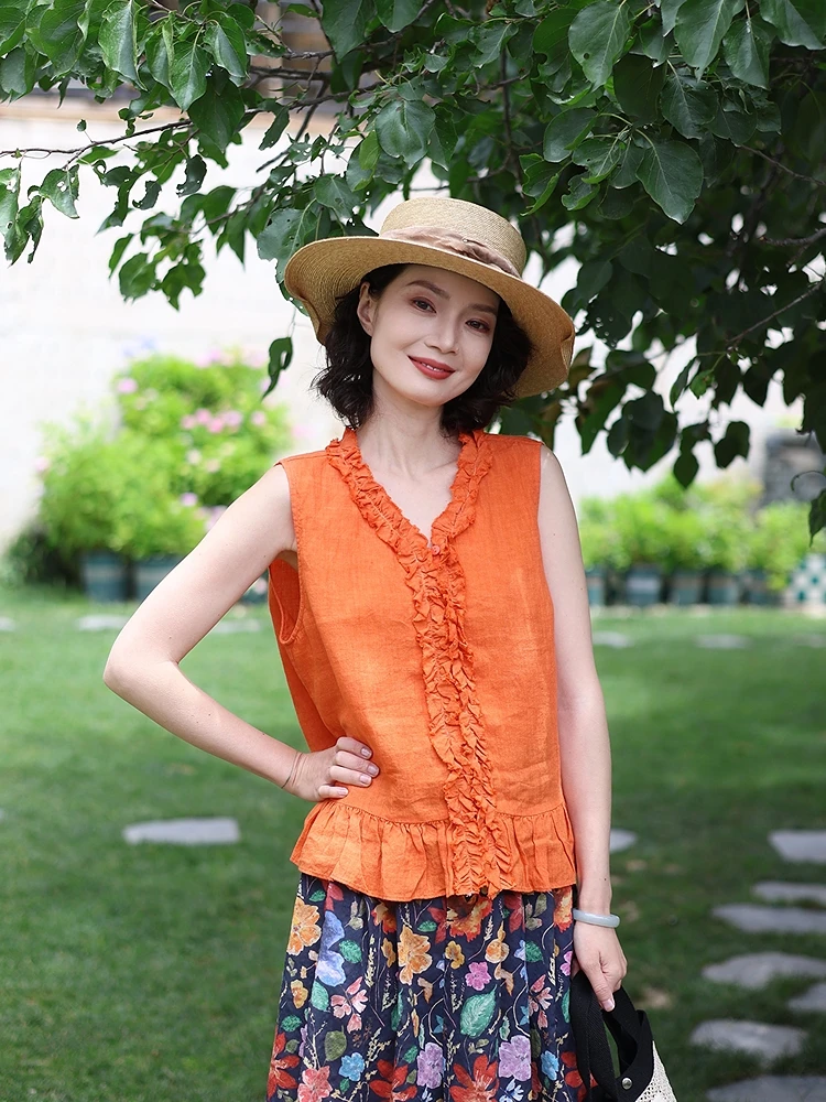 Dopamine Bloom 438 Orange Folded Ruffle Pure Linen Bamboo Texture Dry V-neck Vest Casual Style Women's Outerwear Summer 2026