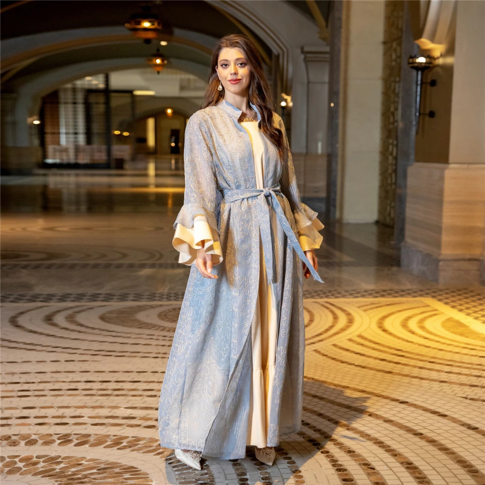 Abaya-Robe maxi à volants pour femmes musulmanes, vêtements islamiques, caftan, kimono ouvert, Dubaï, Turquie, Eid Ramadan, ensemble de 2 pièces