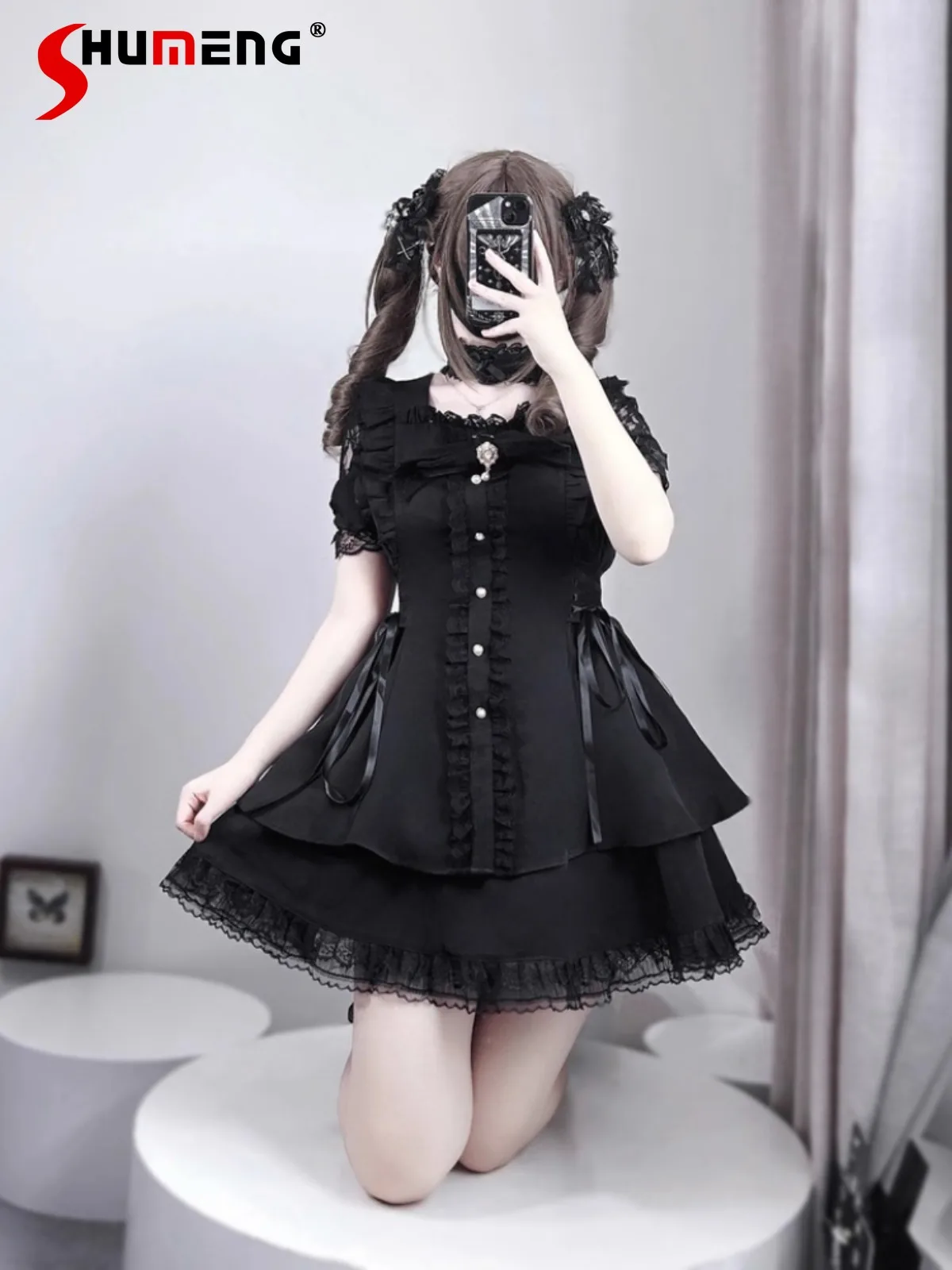 

Japanese Mine Style Square Neck Short Sleeve Lace Splicing Single-Breasted Lace-up Dresses High Waist Skirts Two-Piece Set Women