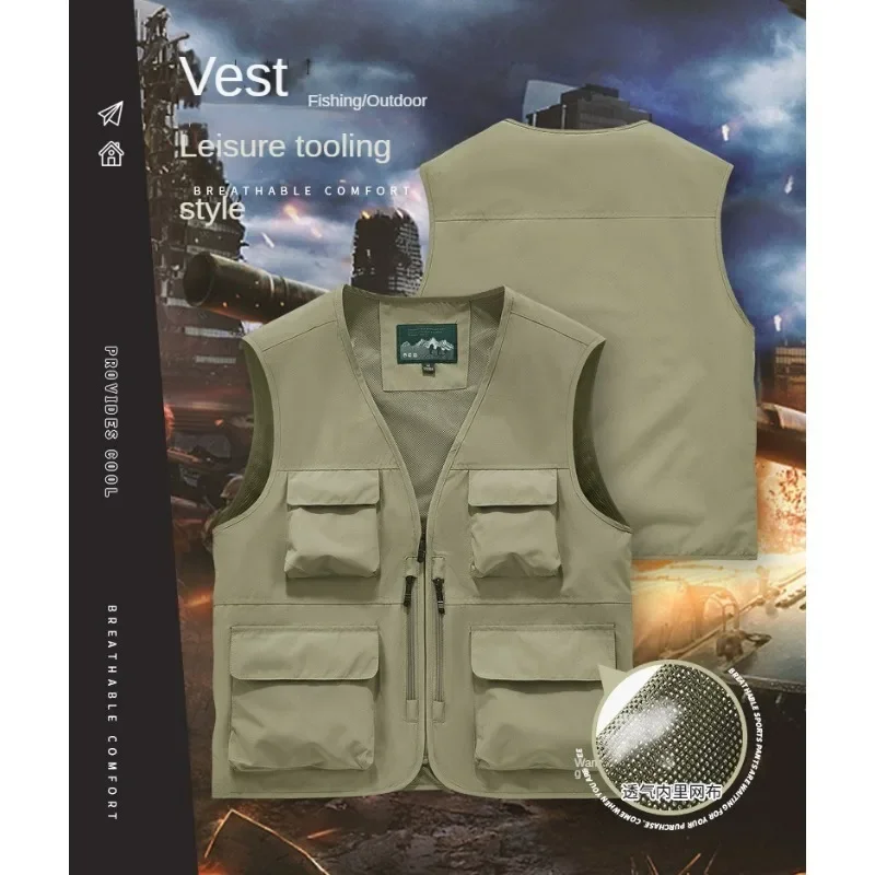 Luxury Men's Clothing Sleeveless Jacket Motorcyclist Vest Works Vests Fishing Multi-pocket Hunting Camping Mountaineering Summer