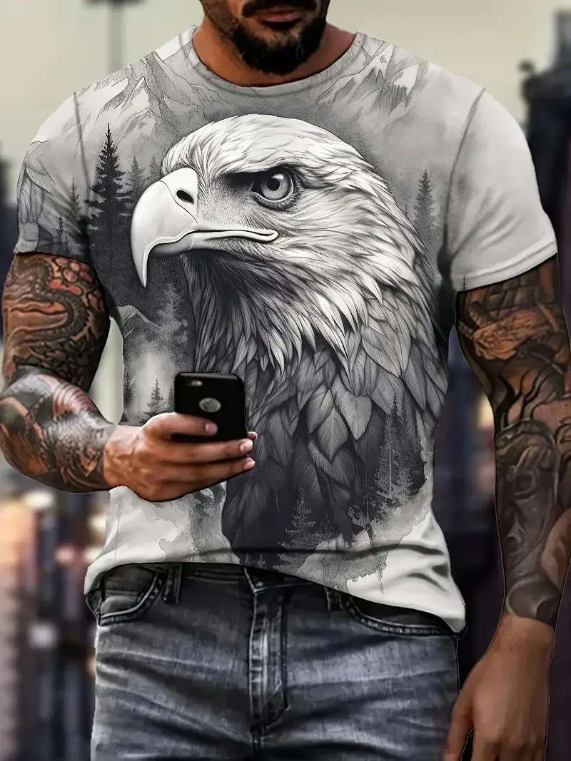 Summer Hot Retro American Eagle 3D Printed Men\'s T-shirt Fashion Casual Short Sleeve Large Size Loose Comfortable Breathable Top