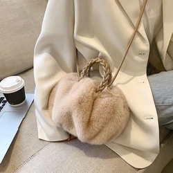 Autumn and Winter Plush Shoulder Crossbody Bag Women's Fashion Pleated Warm Faux Fur Hobos Bag Sweet Small Handbag