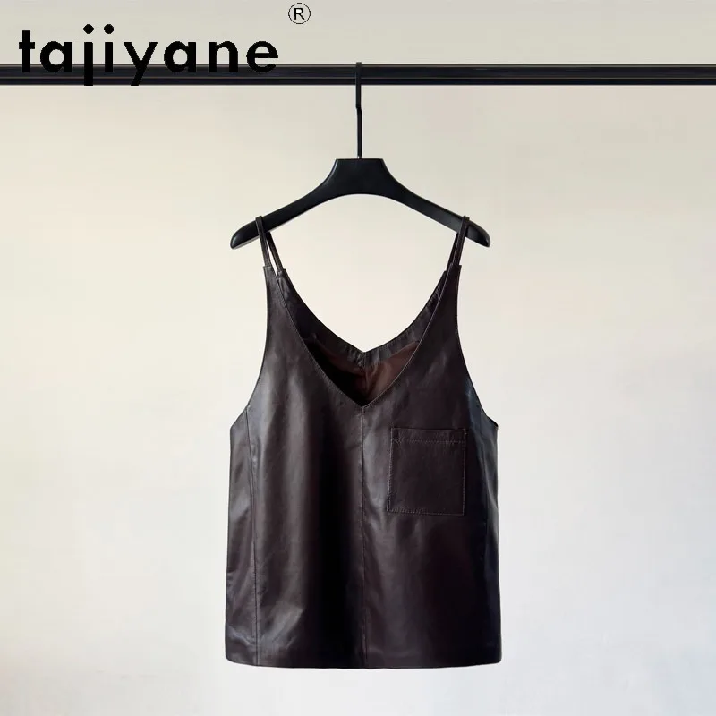 TAJIYANE 100% Sheepskin Leather Vest Sleeveless Genuine Leather Jacket Woman V-neck Tank Top Cropped Biker Veste Femme Chic 자켓