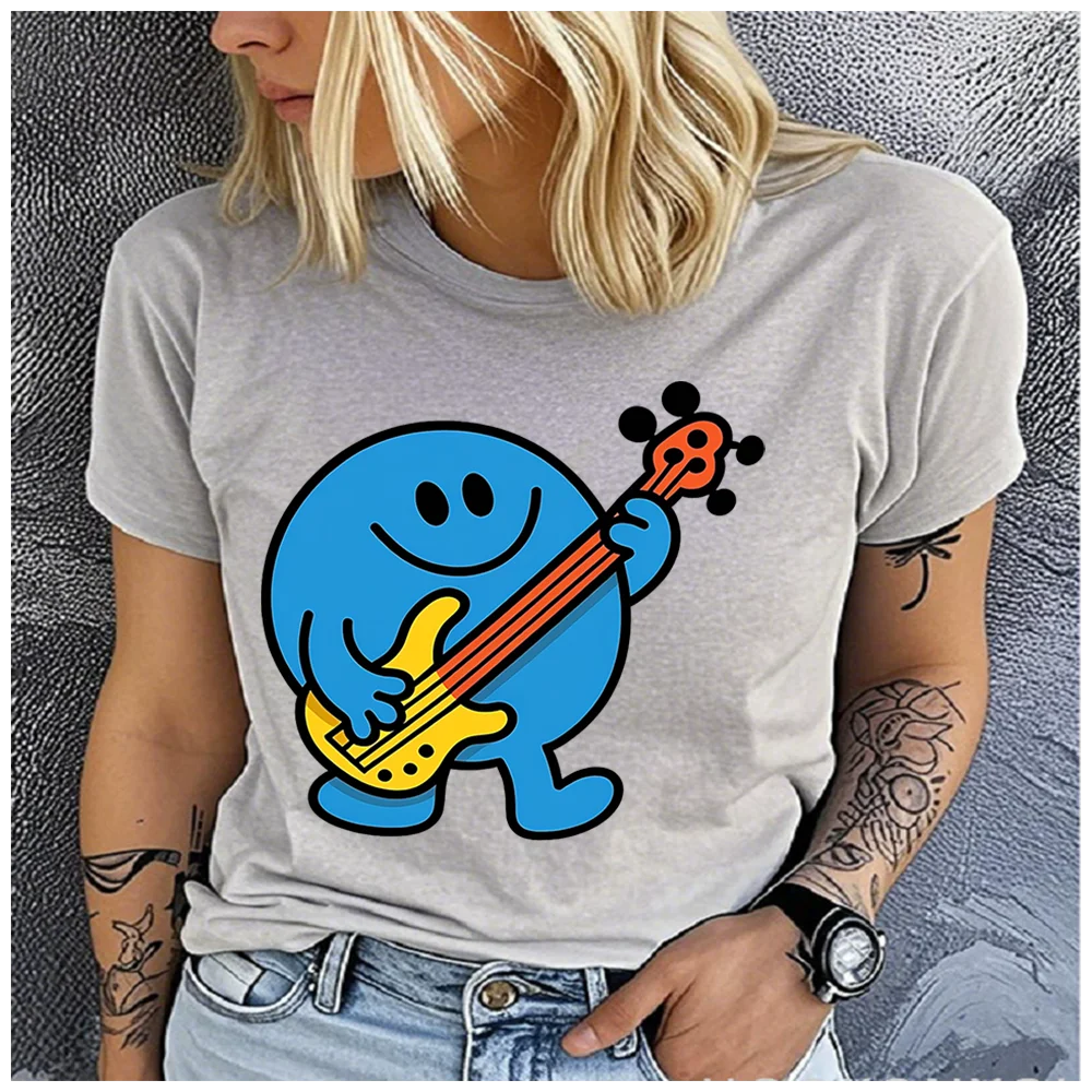 100% Cotton Cute Blue Smiley Play Bass Guitar Print Women T Shirt Cartoon Music Graphic Tee Casual Short Sleeve Summer Ladies