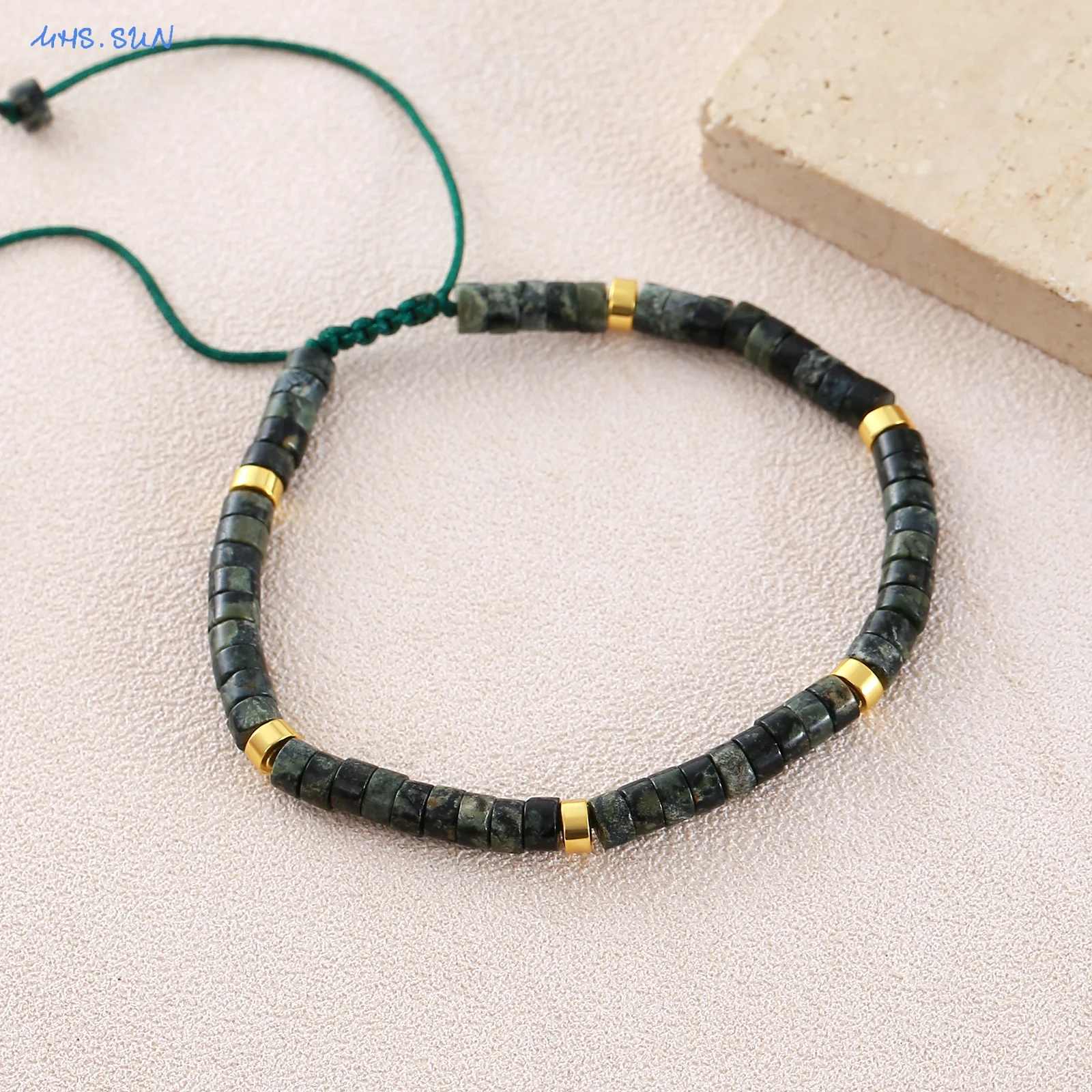 Popular Green Spar Natural Stone Handmade Beaded Woven Bracelet Fashionable Adjustable Bracelets Couple Jewelry Gift For Men