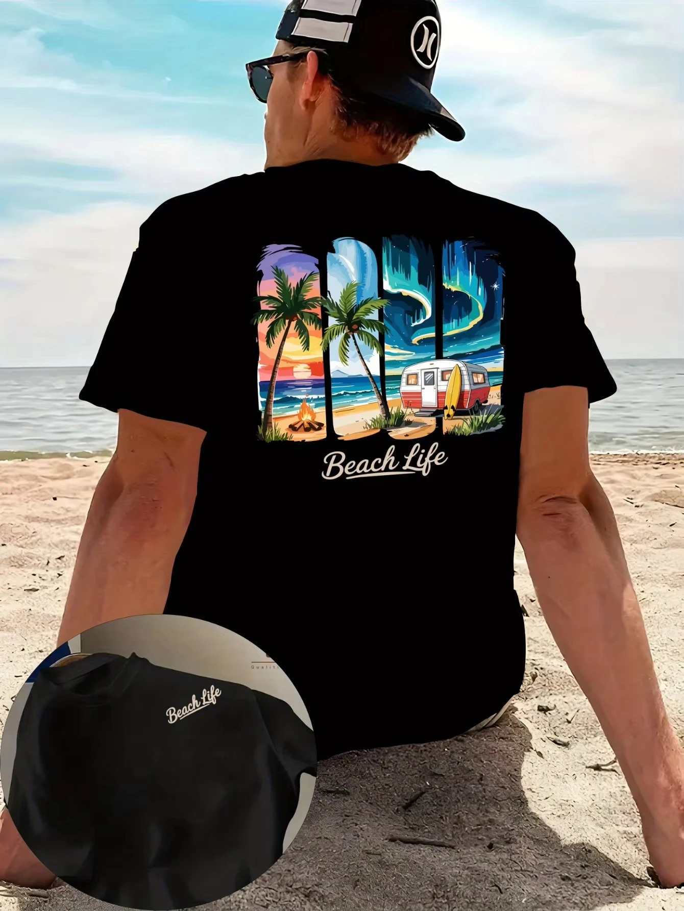 2026 Summer Men Casual Fashion Letter Pattern Loose T-Shirt Beach Theme Suitable for Daily Casual Wear  Material Trendy