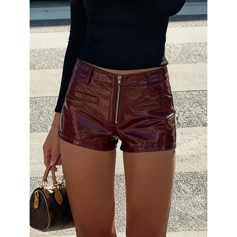 Women's Low Waist Faux Leather Shorts Zipper Design Casual Harajuku Style Neutral Pants Spring Collection Other Material 100%