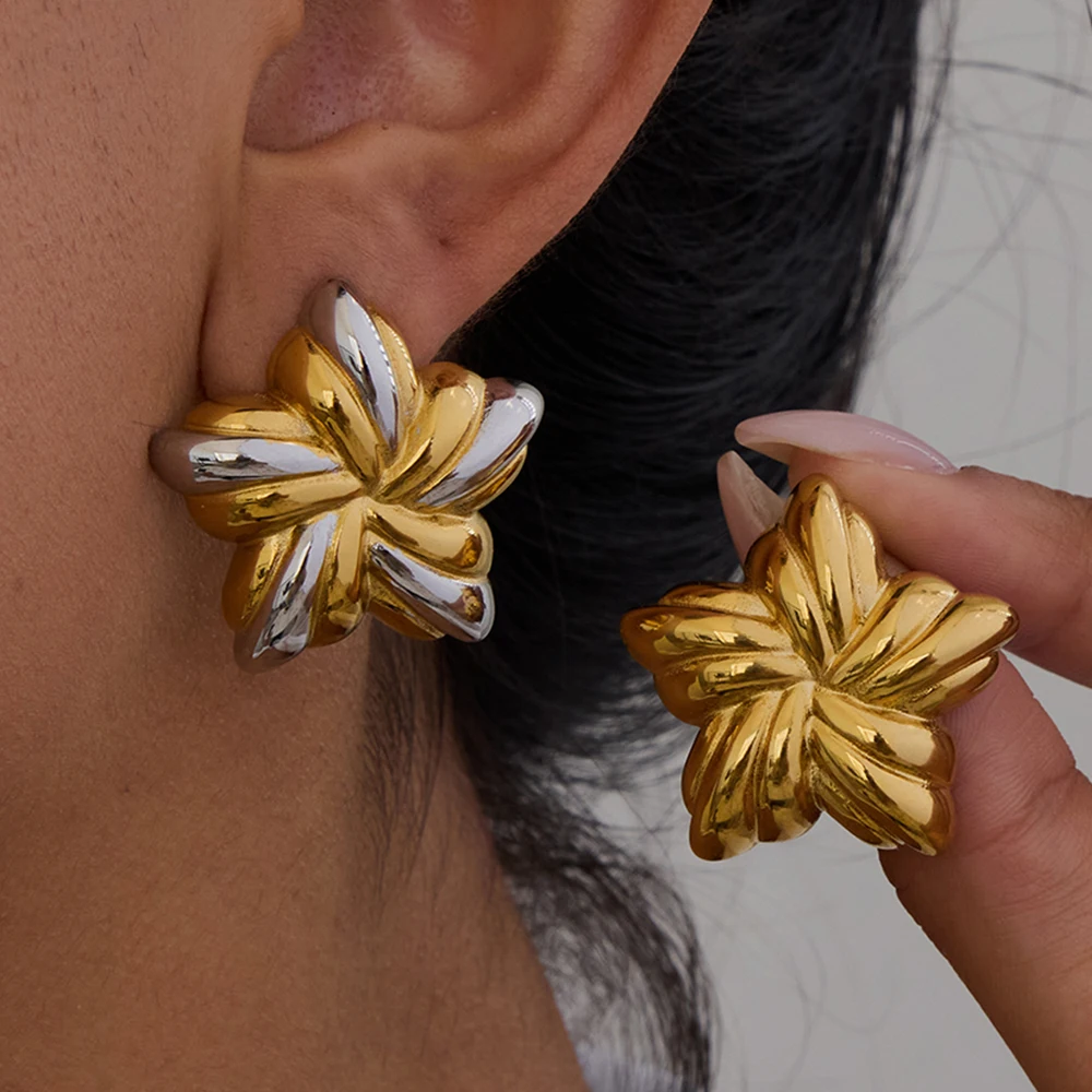 

AIKOER Fashion Designer's Two Tone Ribbed Pentagram Earrings 18K Gold Color Plated Stainless Steel Star Earrings Women's Jewelry