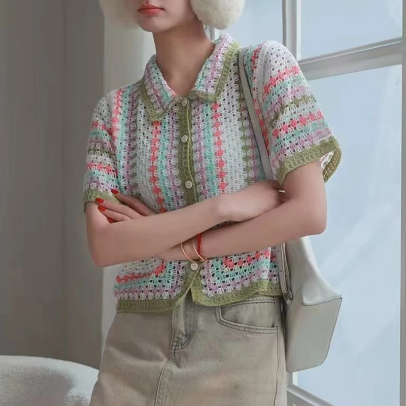 

Breezy Striped Crochet Shirt Collored Button-down Short Sleeve Open-knit Shirts Blouses Women Teen-girl Summer Boho Beach Outfit