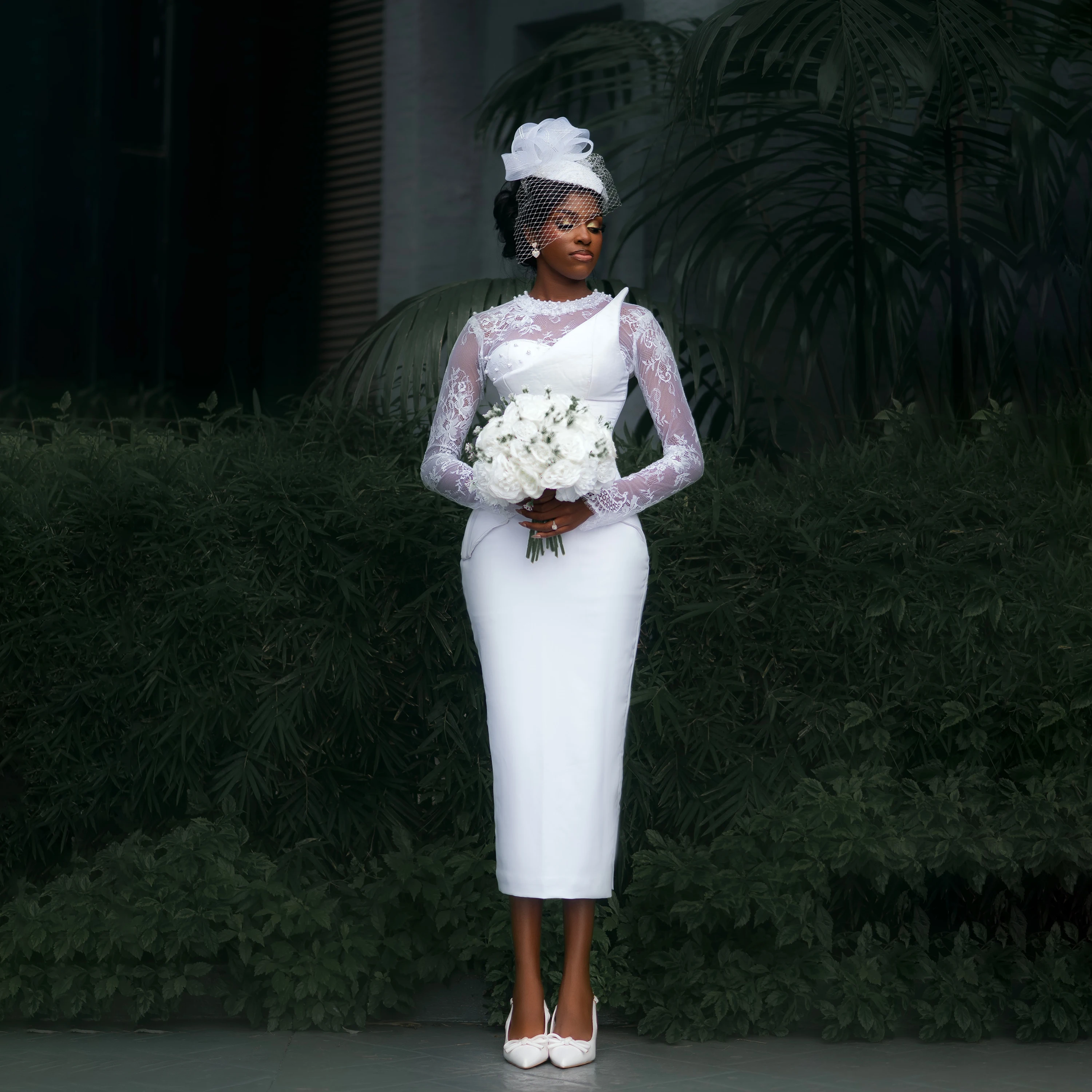 Aso Ebi Satin Wedding Dresses Merimaid O-Neck Lace Wedding Guest Dress Tea Length Long Sleeves Bridal Dresses Robe Customized