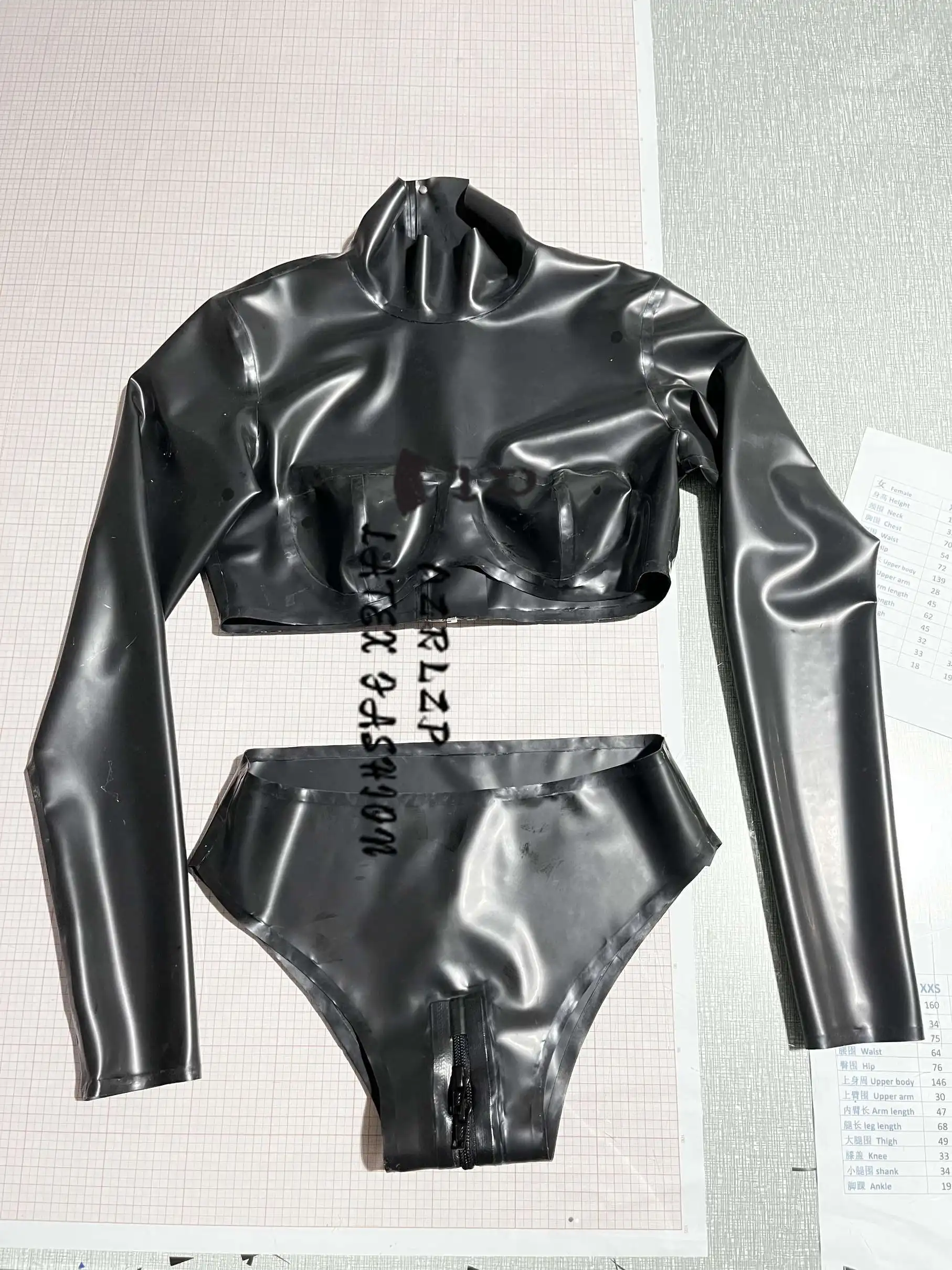 Latex Turtleneck Crop Tops 3D Breasts Women Rubber Full Sleeve+Panties Slim Outfits
