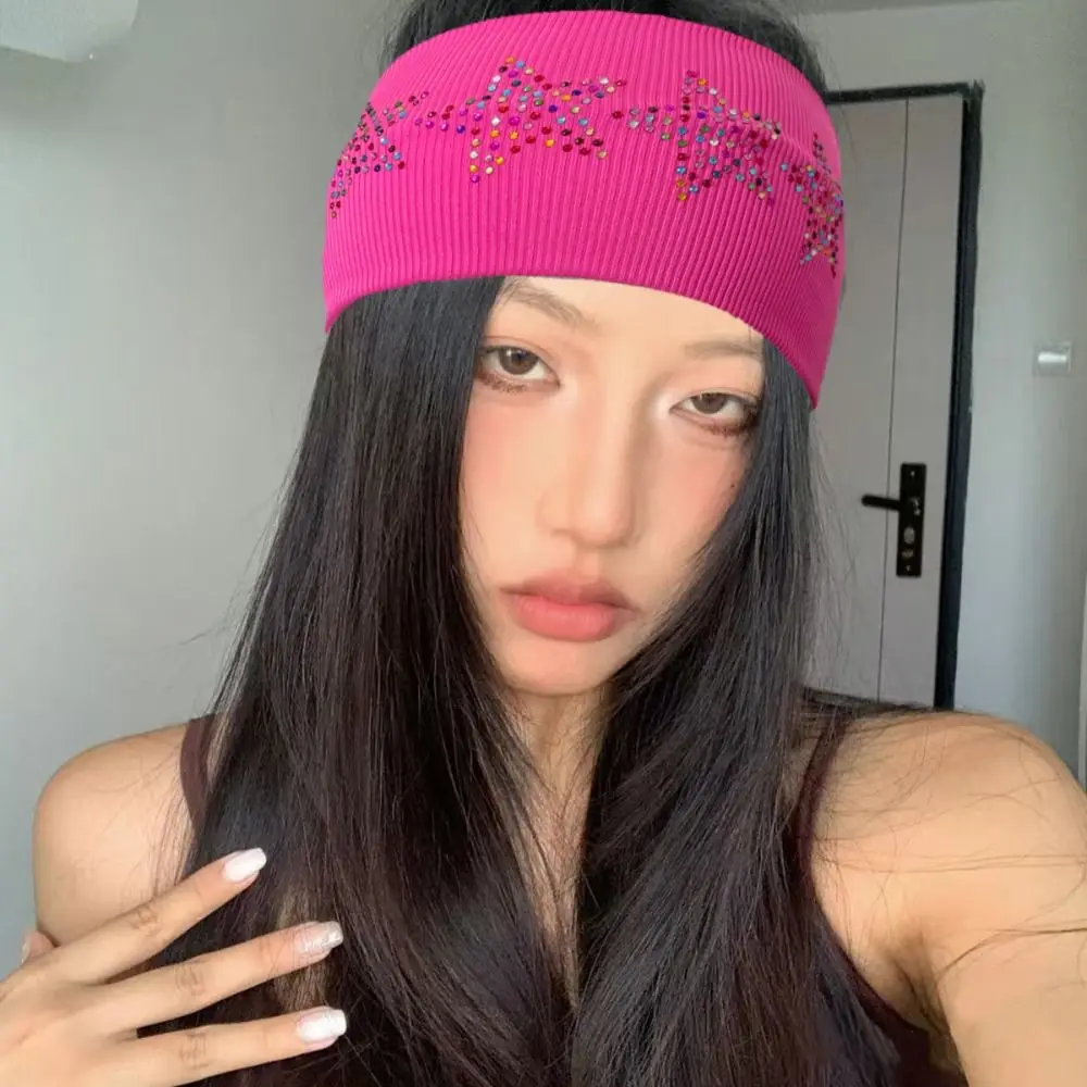 

Casual Pure Color Rhinestone Star Headband Soft Breathable Elastic Headband Sweat Absorbing Face Wash Sports Hairband Yoga