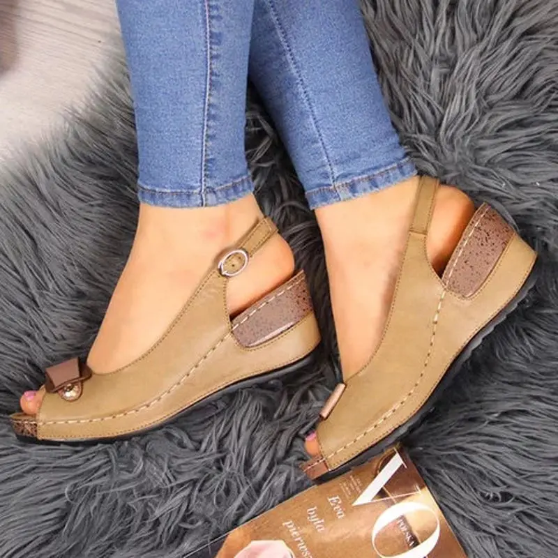 Wedge Sandals Women New Summer Shoes Female Peep-toe Comfortable Buckle Strap Sandals Slip-on Flat Sandals Female Sandalias