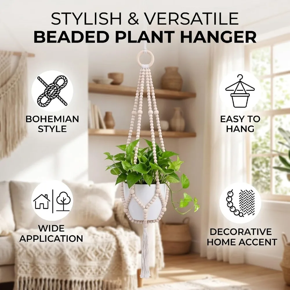 Natural Wood Beads Beaded Plant Hanger Cotton Rope Boho Design Hanging Planter Basket Macrame Fringe Woven Construction