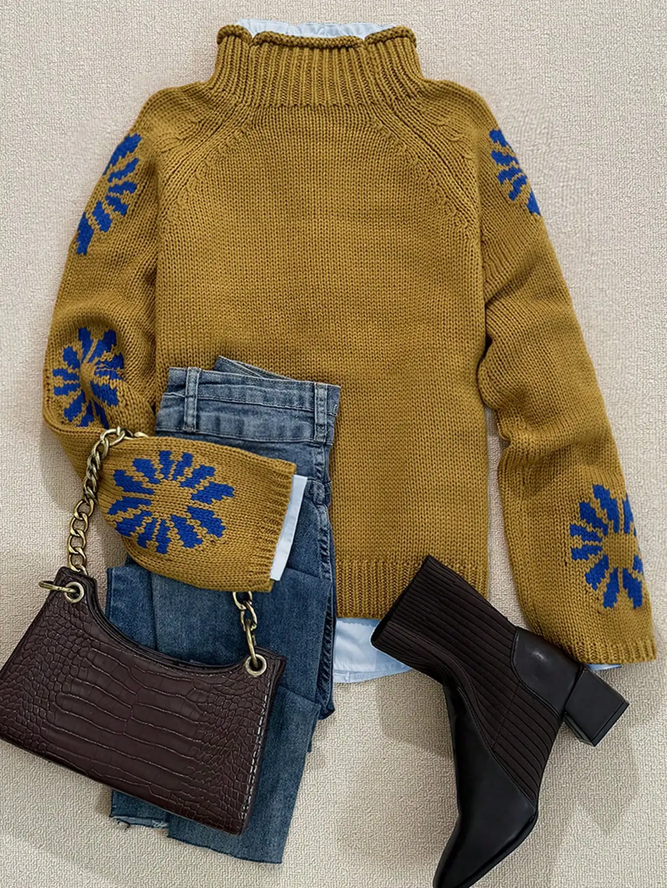 

Autumn Winter Casual Warm Mustard Flower Pattern Knit High Neck Long Sleeve Loose Sweater Pullover