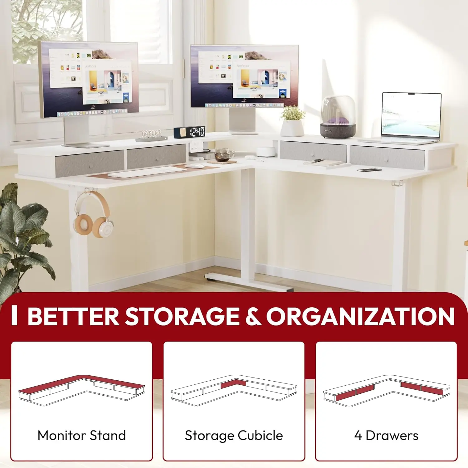 Стоячий стол L-образной формы 63 дюйма с 3 ящиками, регулируемый по высоте стол, угловой игровой стол с подставкой для монитора, новая популярность