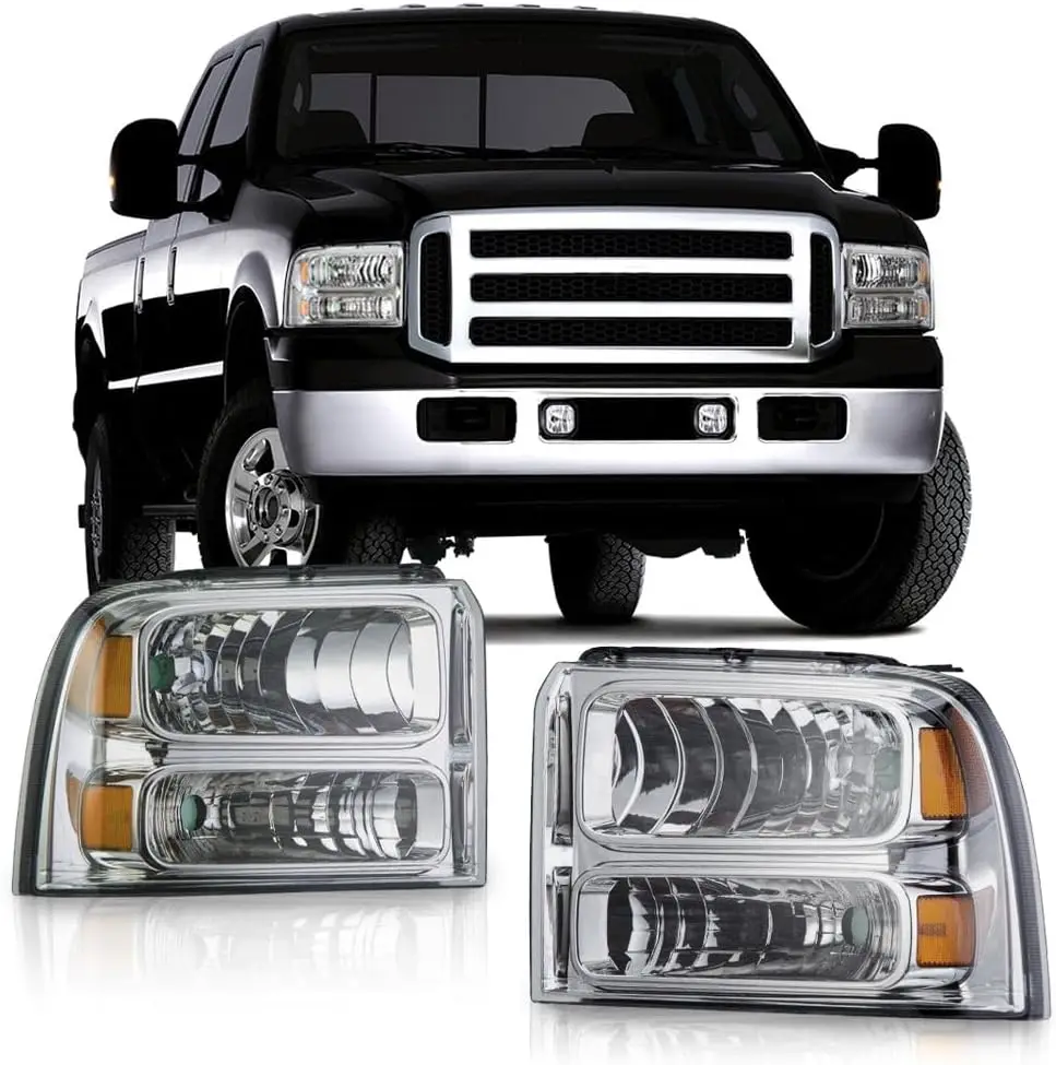 مجموعة مصابيح أمامية متوافقة مع Ford F250 F350 F450 F550 2005-2007 /Fit Ford Excursion 2005 المصابيح الأمامية عدسة شفافة كروم هوين