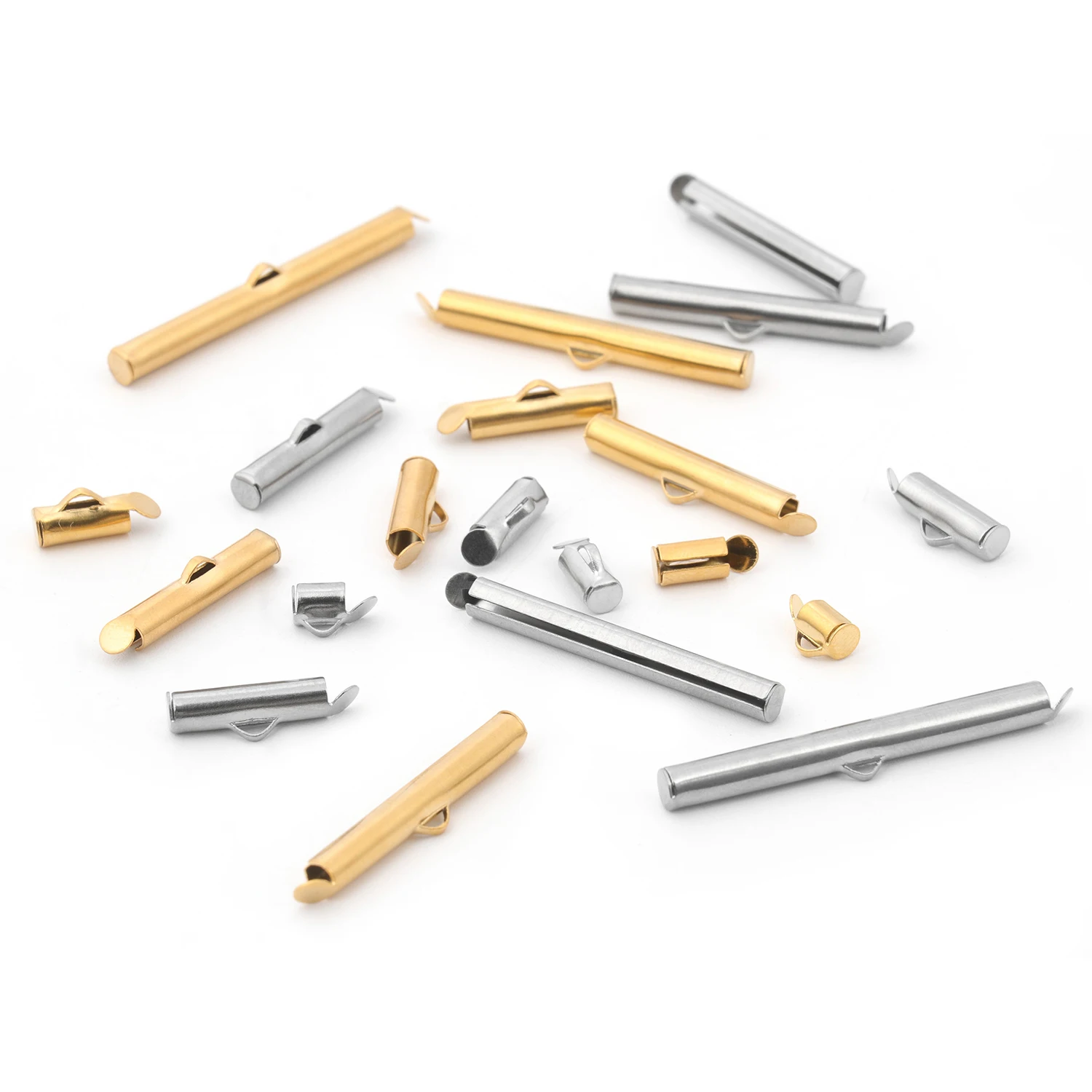 Stainless Steel Gold Color Crimp End Beads Slide End Clasp With Chain Buckles Tubes Connectors Charms Making DIY Jewelry 10pcs