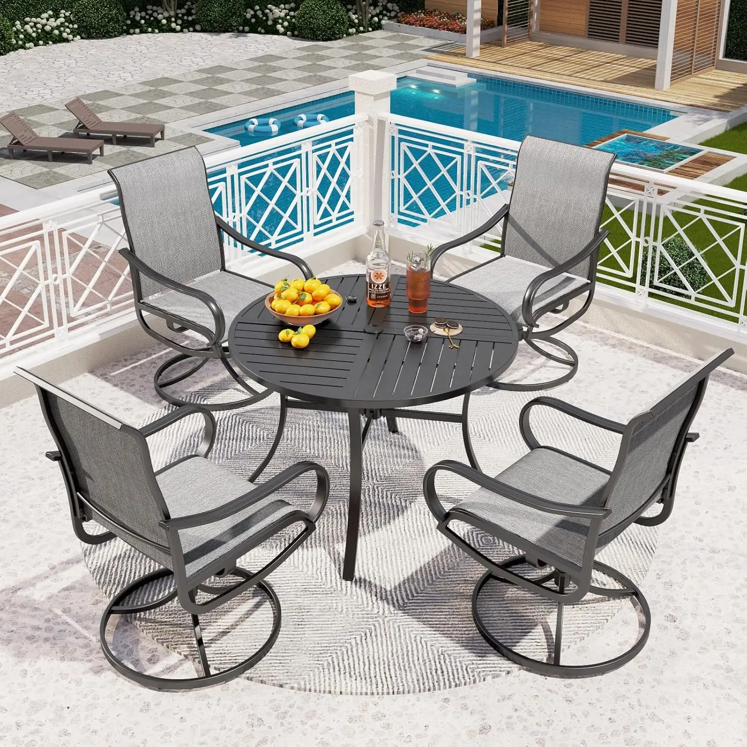 

5 Piece Outdoor Patio Dining Set with 4 Swivel Dining Chairs & 1 Large Round Dining Table, Gray Textilene Mesh Fabric Chair