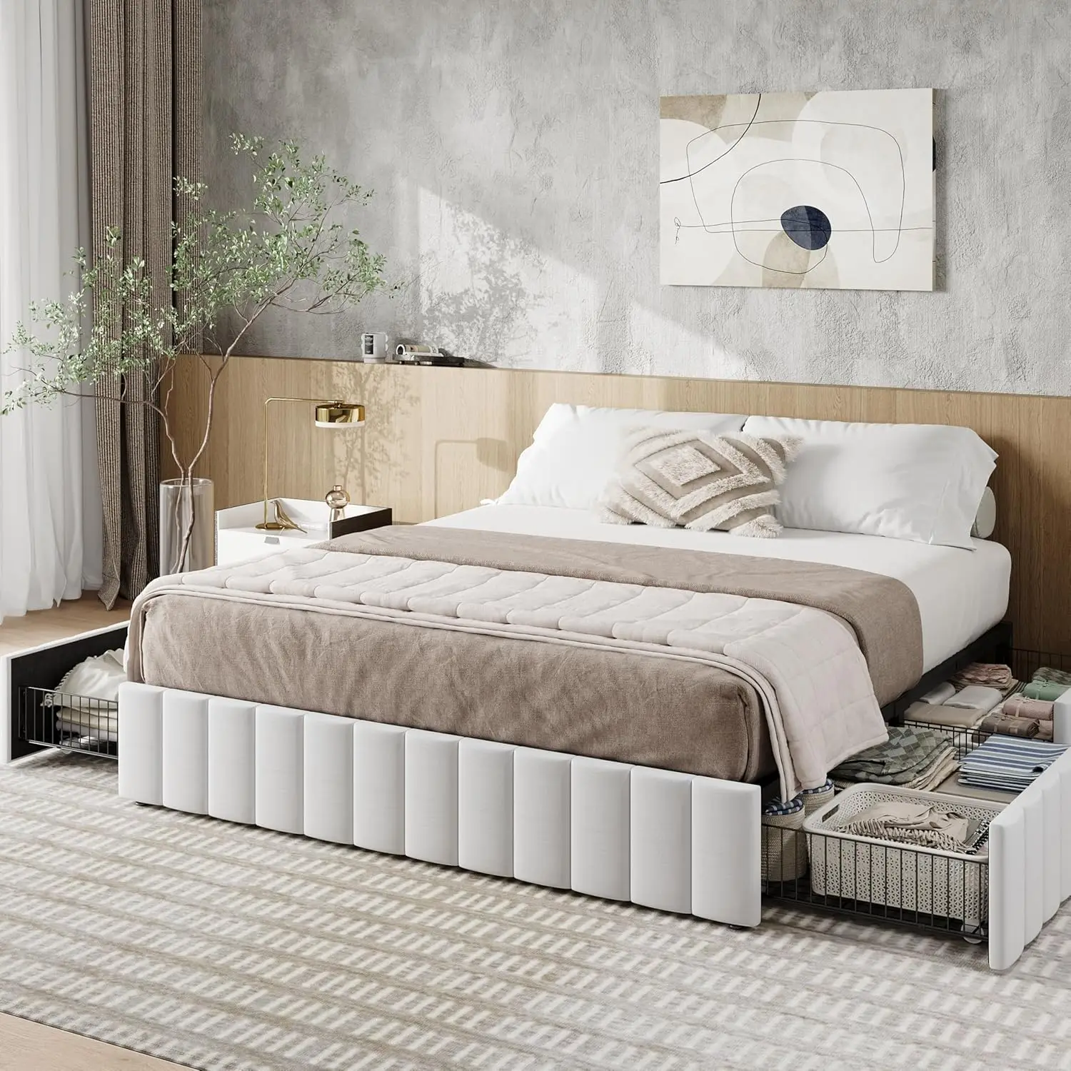 

Queen Size Platform Bed Frame with 4 Large Storage Drawers, Velvet Vertical Channel Tufted Upholstered Bed Base, Wooden