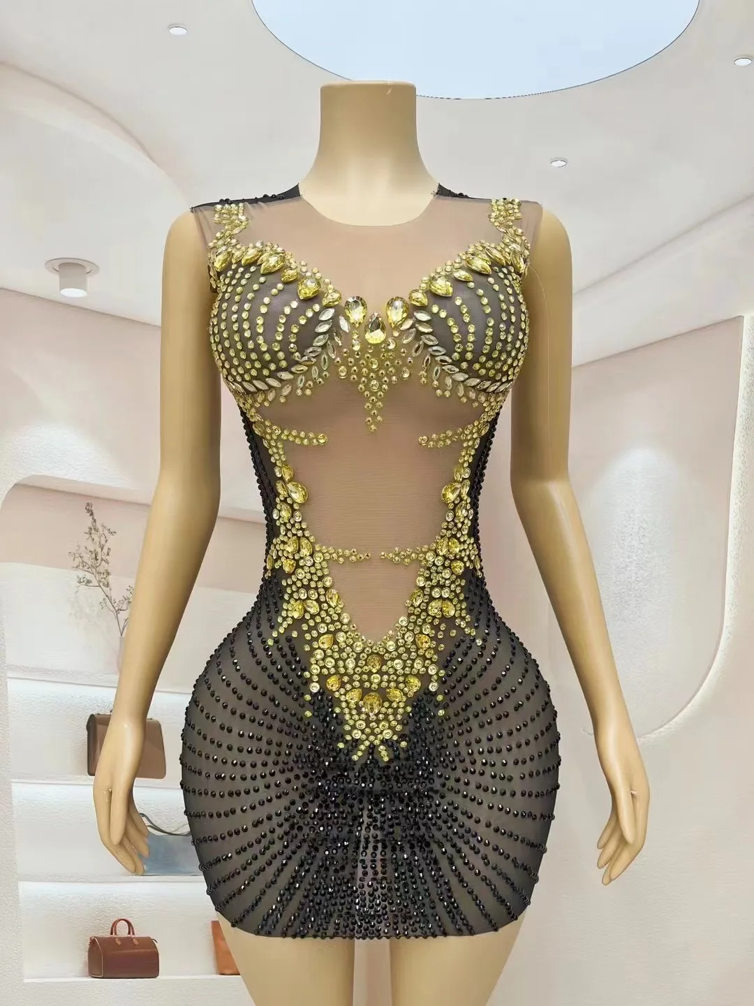 Sexy Black See Through Mesh Women Short Dress Shining Golden Crystal Evening Party Show Wear Nightbar Photoshoot Stage Costumes