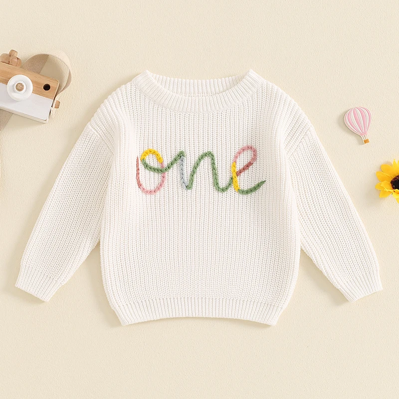 Toddler Baby Girls First Birthday Outfit One Embroidery Sweater Top Knit Pullover Sweatshirt Fall Winter Clothes