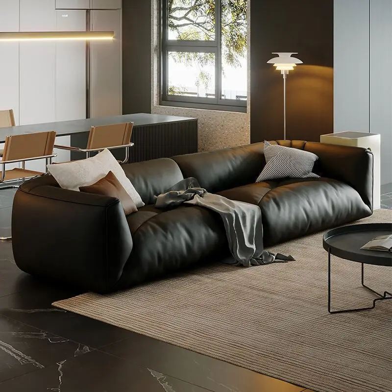 Italian Minimalist Leather Sofa, Light Luxury Straight Couch for Small Living Room, Vintage Black Comfort Seating