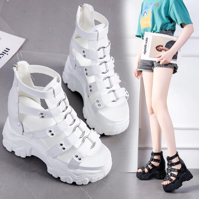

New Platform Thick-soled Women Sandals Summer Chunky Sneakers Hollow Out 11CM Wedge Heels Beach Sandalias Back Zipper Cool Boots