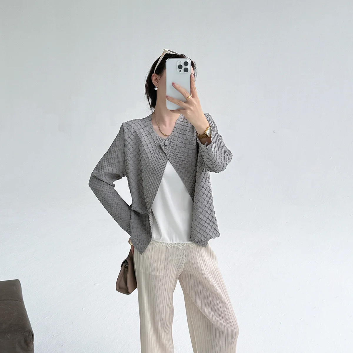 ミヤケ フォールド 新スタイル 秋冬 2025 ダイヤモンドグリッド フォールド 刺繍入り おしゃれ ゆったり ジャケット レディース アウター カーディガン トップス