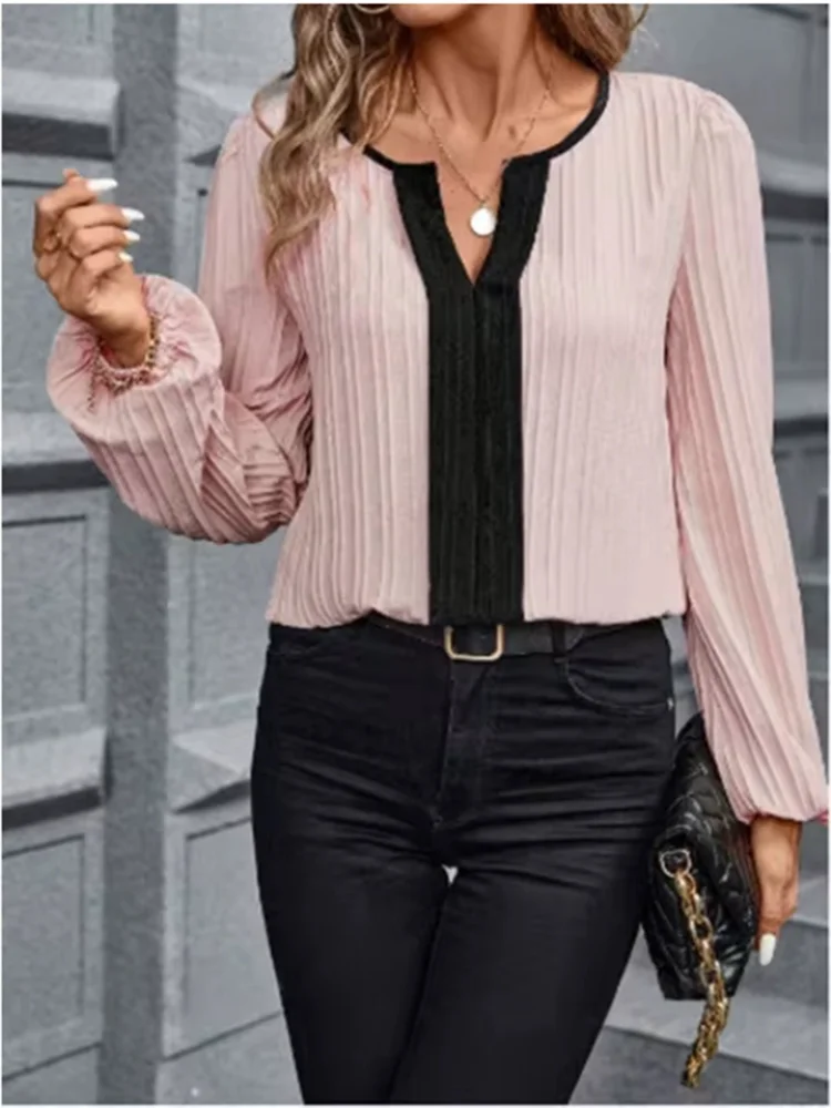 Color Blocked Bubble Long Sleeved Fashionable V-neck Women's Shirt Street Daily Elegant Autumn Top