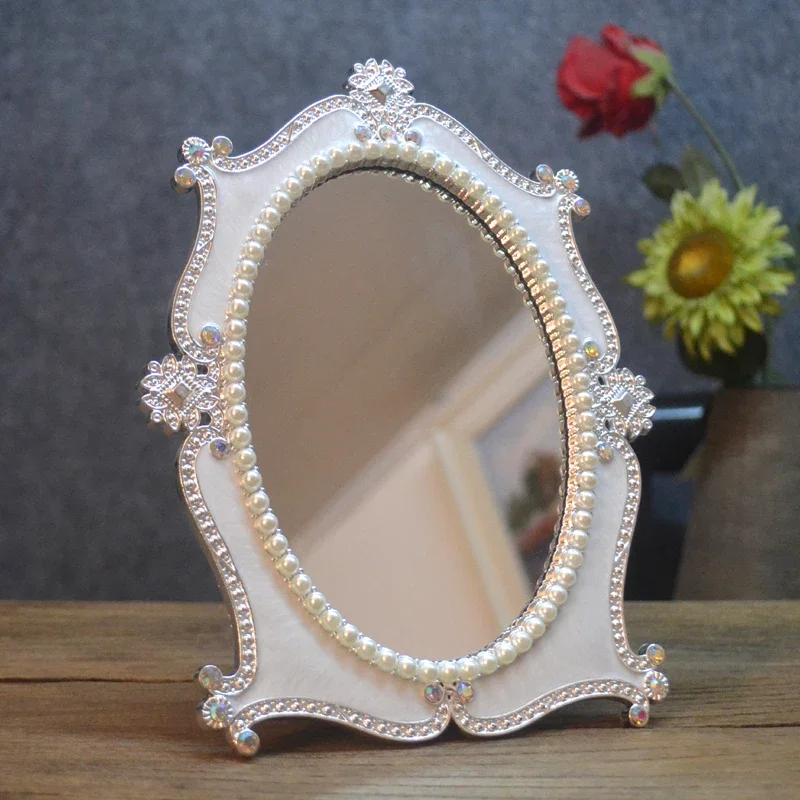 European Pearl Mirror Blocks Oval Silver White Creative Personality Mirror Blocks Cute Makeup Miroir Mural Household Products