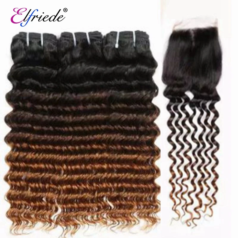 

Elfriede T1B/4/30 Deep Wave Ombre Colored Hair Bundles with Closure Remy 100% Human Hair Weave 3 Bundles with Lace Closure 4x4