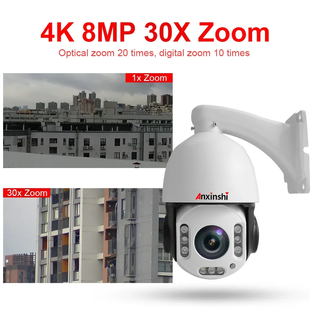 Kamera Anxinshi 4K 8MP PTZ PoE dengan Zoom 30x, Model Malam Berwarna, Audio Dua Arah, Kartu SD, Kamera CCTV PoE