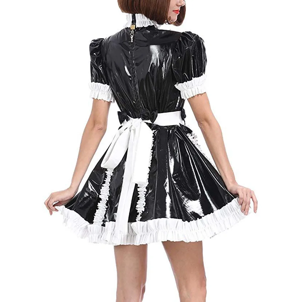 Lockable Sissy PVC A-line Maid Dress with Apron,Short Sleeve,Ruffled Maid,French Uniform, Halloween Party Cosplay Costume, 7XL