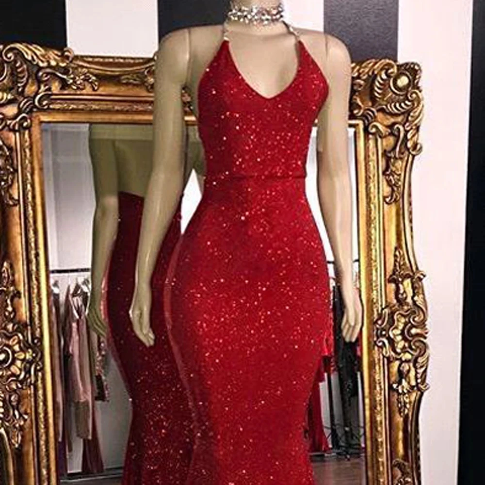 Dostosowane Backless Halter świecące cekinowe suknie wieczorowe dla kobiet syrenka Robe De Soiree suknia wieczorowa wesele Vestidos