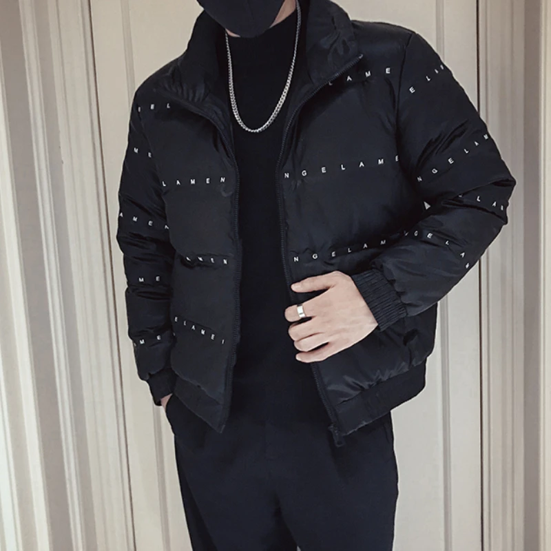 Jaqueta masculina com zíper Puffer Parka, sobretudo, streetwear casual, roupas grandes, grossas, estampa de letras, quente, Hip Hop, inverno, moda